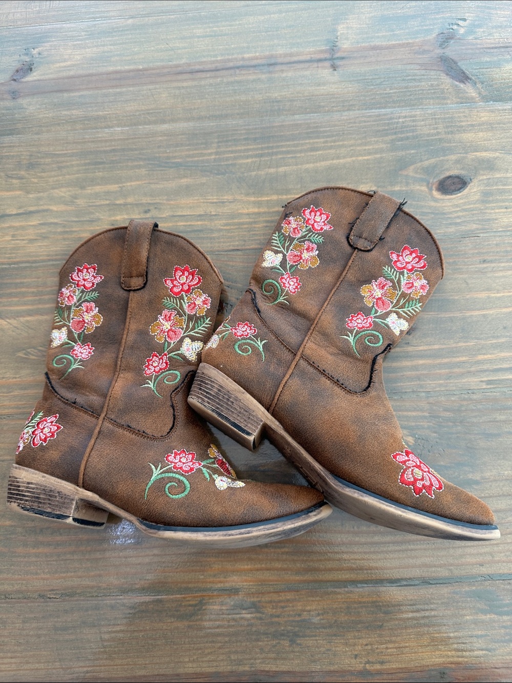 Roper Brown Kids Western Boots with Pink & Green Floral Embroidery